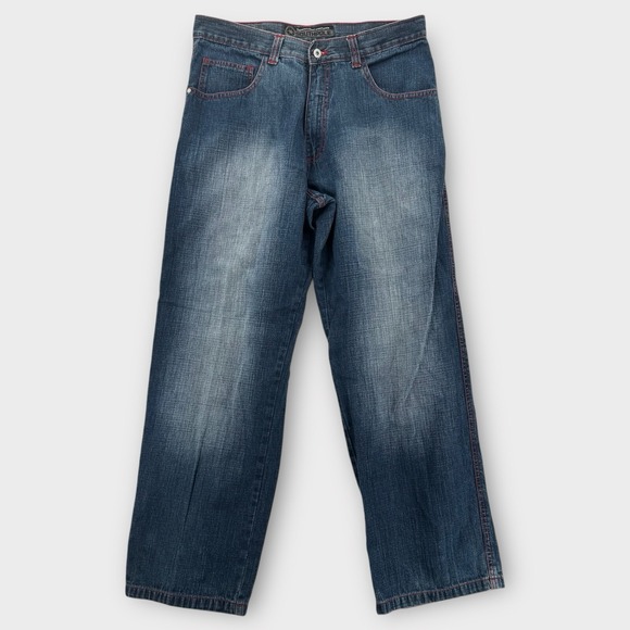 Southpole Baggy Jeans Mens 38 Relaxed Fit Y2K Blue Denim Red Stitching Wide Leg